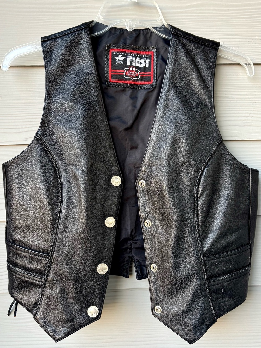 Vintage Genuine Leather Black Motorcycle Biker Vest Size L Snap Front